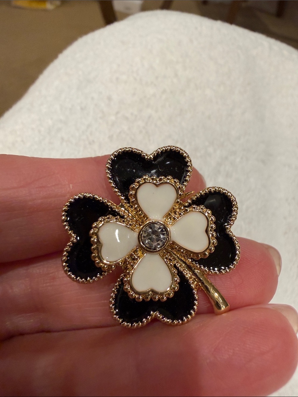 Talbots Gold-Tone Black & White Clover Brooch with Crystal Center